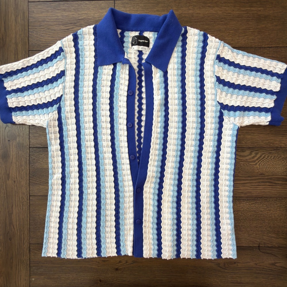Original Use Mens Blue White Wavy Stripe Pointelle Knit Button Down Polo Large
